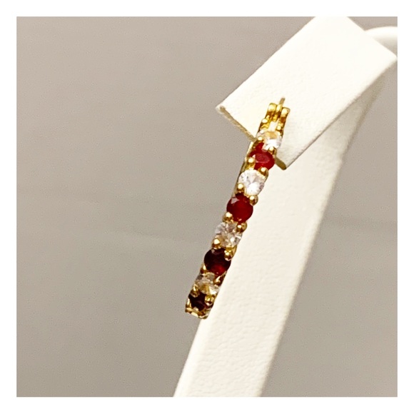 Gold tone hoop earrings with red and clear stones - Picture 10 of 11